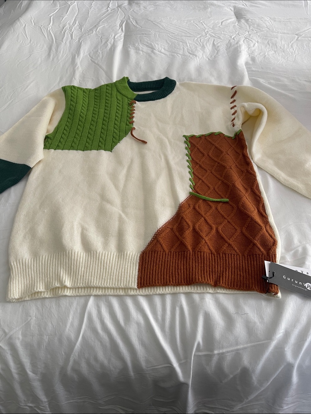 Crewneck Patchwork Knit Sweater in Cream, Green & Brown
